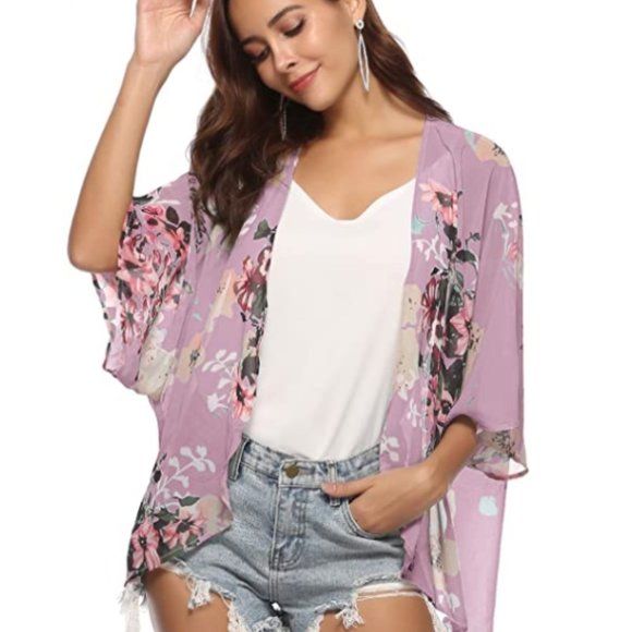 Tops - Purple Boho Sheer Floral Kimono XL